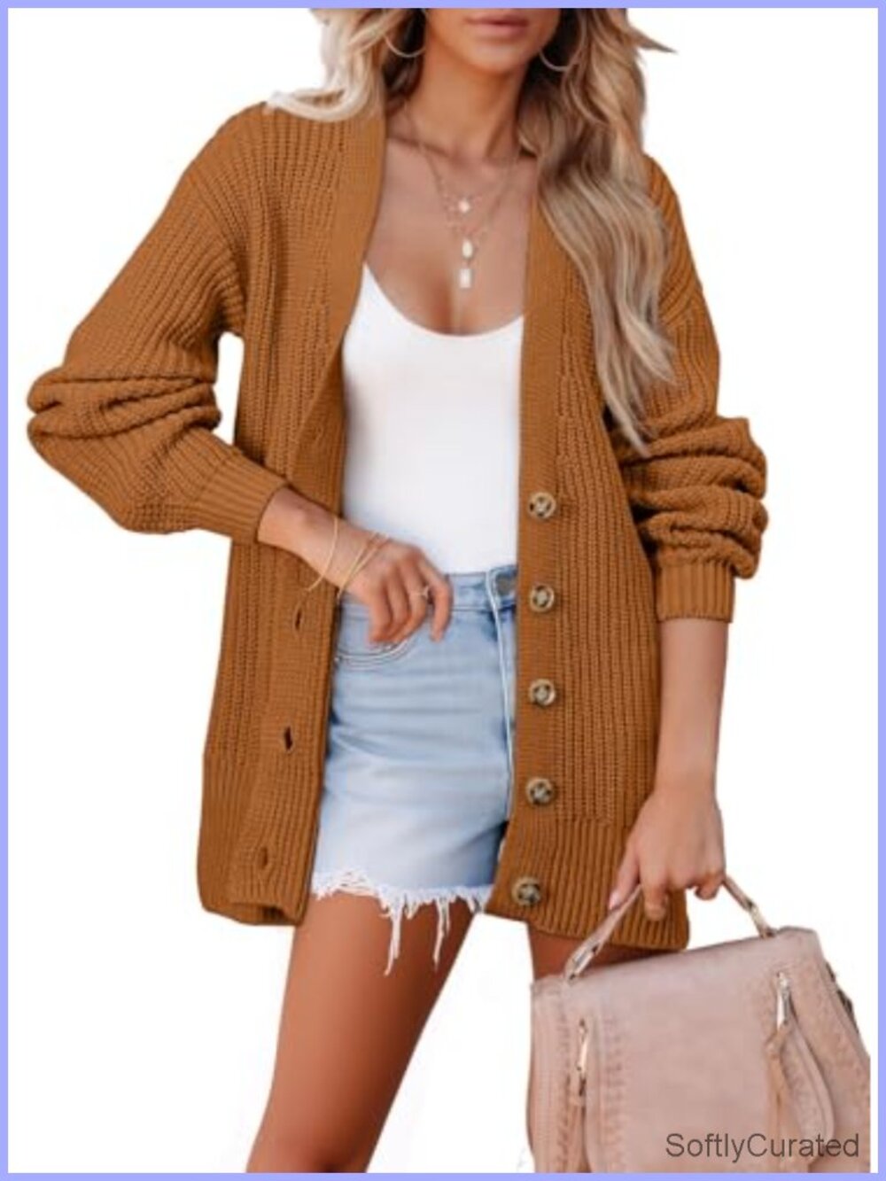 Oversized Long Cardigan Sweater Open Front Button Lantern Sleeve Knit Chunky